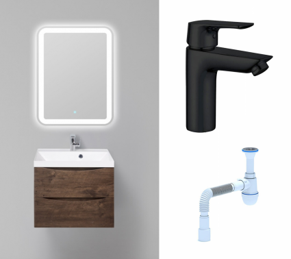 Комплект: Мебель для ванной BelBagno Marino 60 rovere moro + Смеситель Aquanet Static AF330-10B черный + Сифон АниПласт