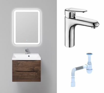 Комплект: Мебель для ванной BelBagno Marino 60 rovere moro + Смеситель Lemark Point LM0306C хром + Сифон АниПласт