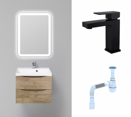 Комплект: Мебель для ванной BelBagno Marino 60 rovere nature + Смеситель Haiba HB10803-7 черный + Сифон АниПласт