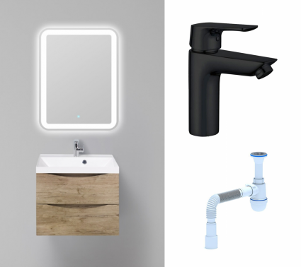 Комплект: Мебель для ванной BelBagno Marino 60 rovere nature + Смеситель Aquanet Static AF330-10B черный + Сифон АниПласт