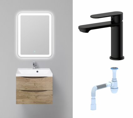 Комплект: Мебель для ванной BelBagno Marino 60 rovere nature + Смеситель Haiba HB10590-7 черный + Сифон АниПласт