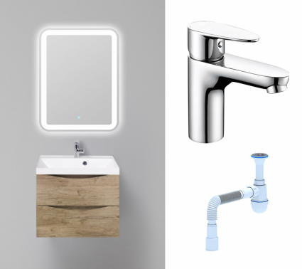 Комплект: Мебель для ванной BelBagno Marino 60 rovere nature + Смеситель Wasserkraft Leine 3503 хром + Сифон АниПласт