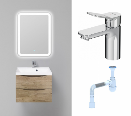 Комплект: Мебель для ванной BelBagno Marino 60 rovere nature + Смеситель Am.Pm X-Joy F85A02100 хром + Сифон АниПласт