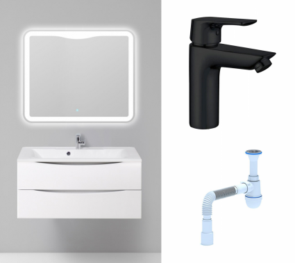 Комплект: Мебель для ванной BelBagno Marino 100 bianco lucido + Смеситель Aquanet Static AF330-10B черный + Сифон АниПласт