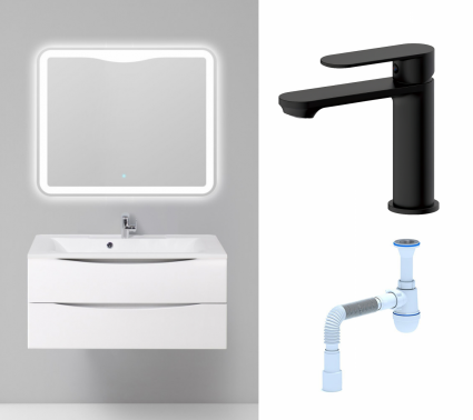 Комплект: Мебель для ванной BelBagno Marino 100 bianco lucido + Смеситель Haiba HB10590-7 черный + Сифон АниПласт