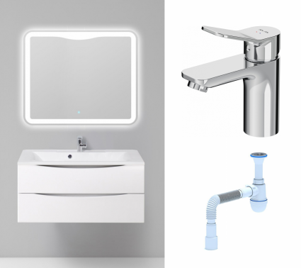 Комплект: Мебель для ванной BelBagno Marino 100 bianco lucido + Смеситель Am.Pm X-Joy F85A02100 хром + Сифон АниПласт