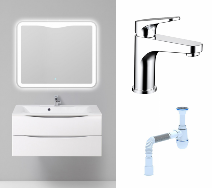 Комплект: Мебель для ванной BelBagno Marino 100 bianco lucido + Смеситель Bravat Eler F1191238CP-RUS хром + Сифон АниПласт