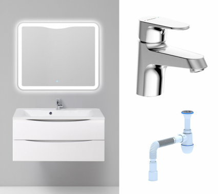 Комплект: Мебель для ванной BelBagno Marino 100 bianco lucido + Смеситель Bravat Alfa F1120178CP хром + Сифон АниПласт
