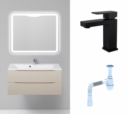 Комплект: Мебель для ванной BelBagno Marino 100 crema opaco + Смеситель Haiba HB10803-7 черный + Сифон АниПласт