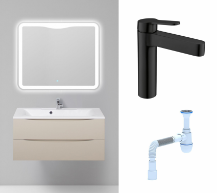 Комплект: Мебель для ванной BelBagno Marino 100 crema opaco + Смеситель BelBagno Delta DEL-LVM-NERO черный + Сифон АниПласт