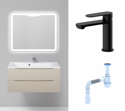 Комплект: Мебель для ванной BelBagno Marino 100 crema opaco + Смеситель Haiba HB10590-7 черный + Сифон АниПласт