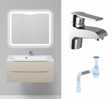 Комплект: Мебель для ванной BelBagno Marino 100 crema opaco + Смеситель Agger Right A2902100 хром + Сифон АниПласт