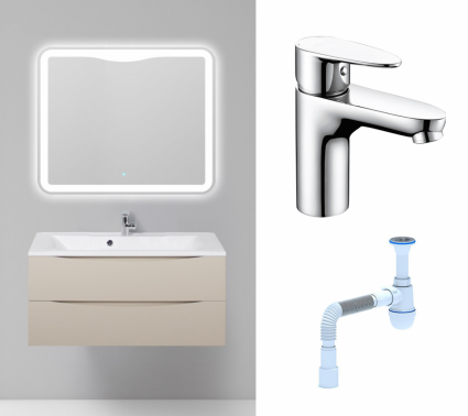 Комплект: Мебель для ванной BelBagno Marino 100 crema opaco + Смеситель Wasserkraft Leine 3503 хром + Сифон АниПласт