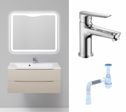 Комплект: Мебель для ванной BelBagno Marino 100 crema opaco + Смеситель Haiba HB10198 хром + Сифон АниПласт