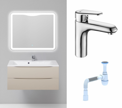 Комплект: Мебель для ванной BelBagno Marino 100 crema opaco + Смеситель Lemark Point LM0306C хром + Сифон АниПласт