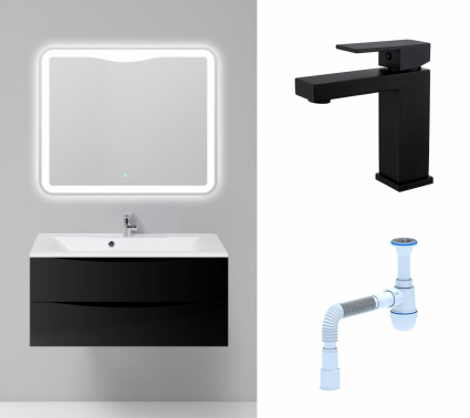 Комплект: Мебель для ванной BelBagno Marino 100 nero lucido + Смеситель Haiba HB10803-7 черный + Сифон АниПласт