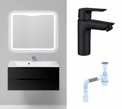 Комплект: Мебель для ванной BelBagno Marino 100 nero lucido + Смеситель Aquanet Static AF330-10B черный + Сифон АниПласт