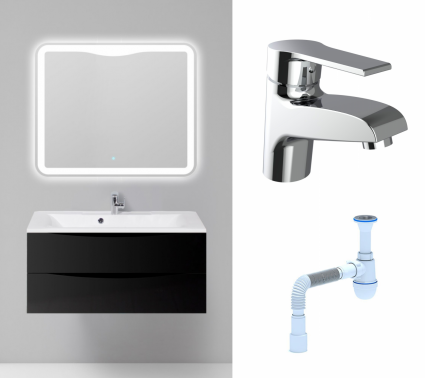 Комплект: Мебель для ванной BelBagno Marino 100 nero lucido + Смеситель Agger Right A2902100 хром + Сифон АниПласт