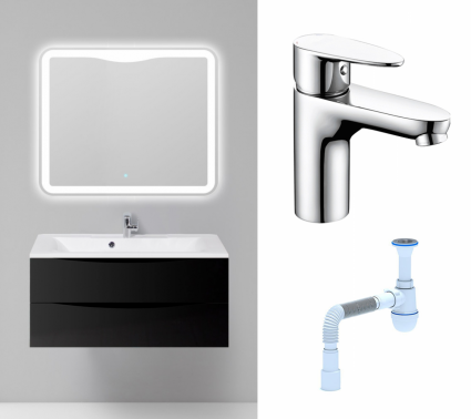 Комплект: Мебель для ванной BelBagno Marino 100 nero lucido + Смеситель Wasserkraft Leine 3503 хром + Сифон АниПласт