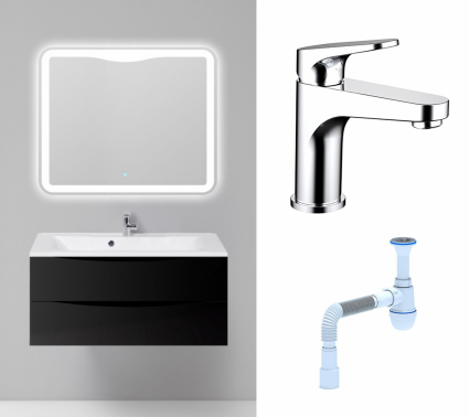 Комплект: Мебель для ванной BelBagno Marino 100 nero lucido + Смеситель Bravat Eler F1191238CP-RUS хром + Сифон АниПласт