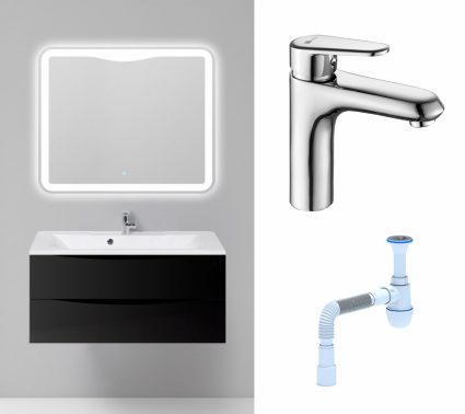 Комплект: Мебель для ванной BelBagno Marino 100 nero lucido + Смеситель Lemark Point LM0306C хром + Сифон АниПласт