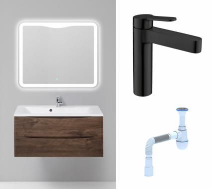 Комплект: Мебель для ванной BelBagno Marino 100 rovere moro + Смеситель BelBagno Delta DEL-LVM-NERO черный + Сифон АниПласт