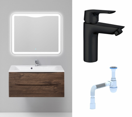 Комплект: Мебель для ванной BelBagno Marino 100 rovere moro + Смеситель Aquanet Static AF330-10B черный + Сифон АниПласт