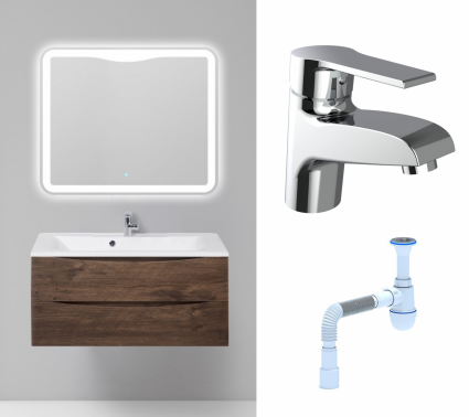 Комплект: Мебель для ванной BelBagno Marino 100 rovere moro + Смеситель Agger Right A2902100 хром + Сифон АниПласт