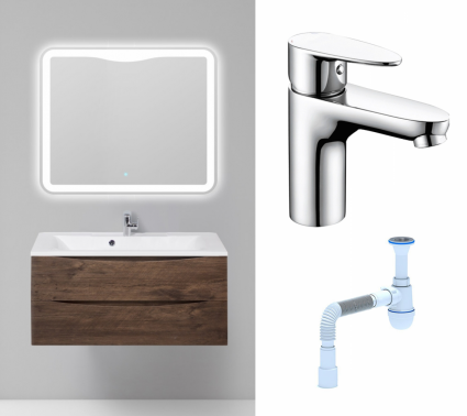 Комплект: Мебель для ванной BelBagno Marino 100 rovere moro + Смеситель Wasserkraft Leine 3503 хром + Сифон АниПласт