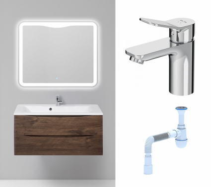 Комплект: Мебель для ванной BelBagno Marino 100 rovere moro + Смеситель Am.Pm X-Joy F85A02100 хром + Сифон АниПласт