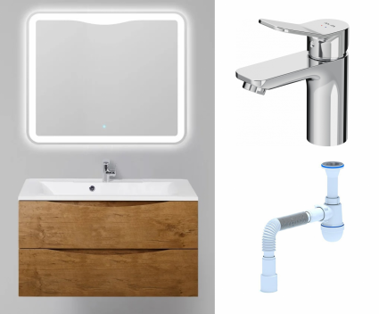 Комплект: Мебель для ванной BelBagno Marino 100 rovere nature + Смеситель Am.Pm X-Joy F85A02100 хром + Сифон АниПласт