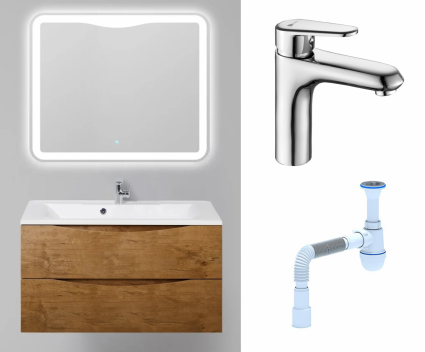 Комплект: Мебель для ванной BelBagno Marino 100 rovere nature + Смеситель Lemark Point LM0306C хром + Сифон АниПласт