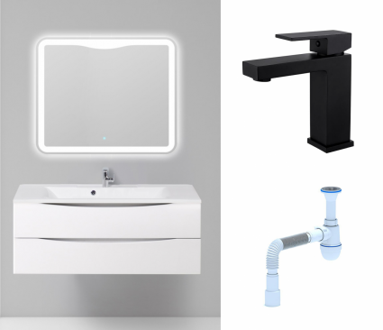 Комплект: Мебель для ванной BelBagno Marino 120 bianco lucido + Смеситель Haiba HB10803-7 черный + Сифон АниПласт
