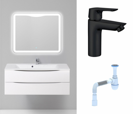 Комплект: Мебель для ванной BelBagno Marino 120 bianco lucido + Смеситель Aquanet Static AF330-10B черный + Сифон АниПласт