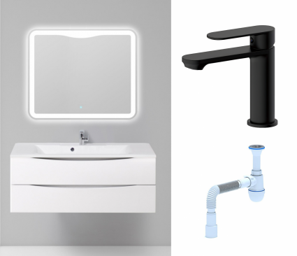 Комплект: Мебель для ванной BelBagno Marino 120 bianco lucido + Смеситель Haiba HB10590-7 черный + Сифон АниПласт
