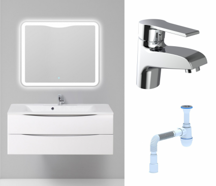Комплект: Мебель для ванной BelBagno Marino 120 bianco lucido + Смеситель Agger Right A2902100 хром + Сифон АниПласт