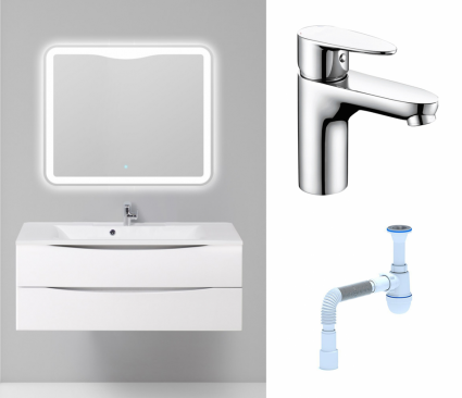 Комплект: Мебель для ванной BelBagno Marino 120 bianco lucido + Смеситель Wasserkraft Leine 3503 хром + Сифон АниПласт