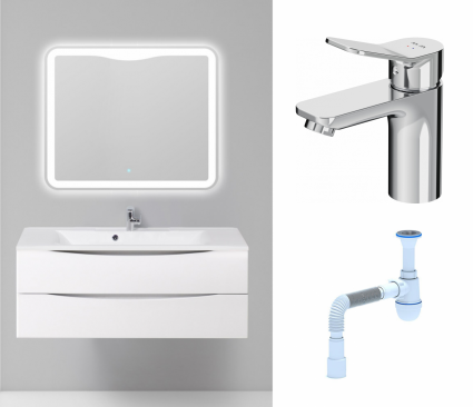 Комплект: Мебель для ванной BelBagno Marino 120 bianco lucido + Смеситель Am.Pm X-Joy F85A02100 хром + Сифон АниПласт