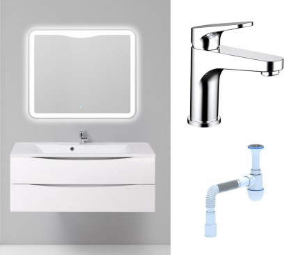 Комплект: Мебель для ванной BelBagno Marino 120 bianco lucido + Смеситель Bravat Eler F1191238CP-RUS хром + Сифон АниПласт