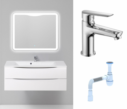 Комплект: Мебель для ванной BelBagno Marino 120 bianco lucido + Смеситель Haiba HB10198 хром + Сифон АниПласт