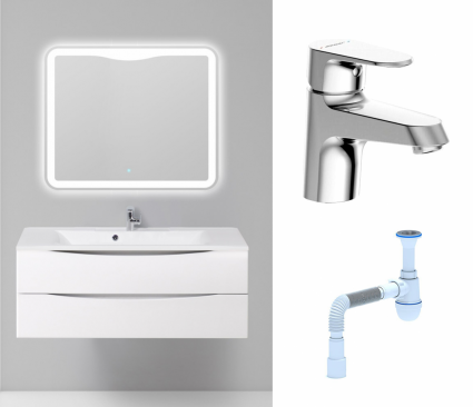Комплект: Мебель для ванной BelBagno Marino 120 bianco lucido + Смеситель Bravat Alfa F1120178CP хром + Сифон АниПласт