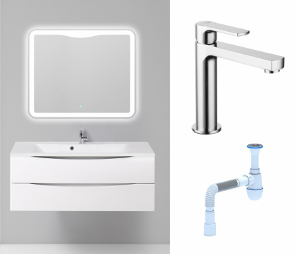 Комплект: Мебель для ванной BelBagno Marino 120 bianco lucido + Смеситель Lemark plus Grace LM1537C хром + Сифон АниПласт