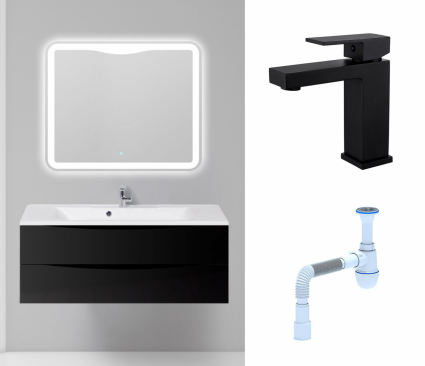 Комплект: Мебель для ванной BelBagno Marino 120 nero lucido + Смеситель Haiba HB10803-7 черный + Сифон АниПласт
