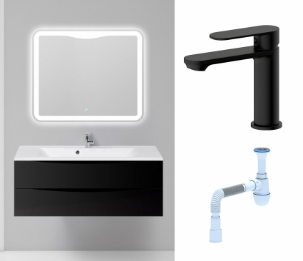 Комплект: Мебель для ванной BelBagno Marino 120 nero lucido + Смеситель Haiba HB10590-7 черный + Сифон АниПласт