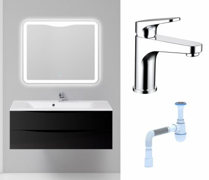 Комплект: Мебель для ванной BelBagno Marino 120 nero lucido + Смеситель Bravat Eler F1191238CP-RUS хром + Сифон АниПласт