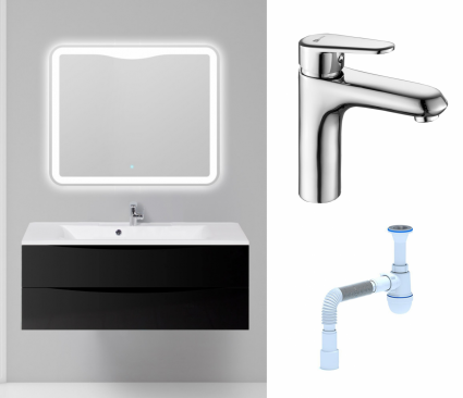 Комплект: Мебель для ванной BelBagno Marino 120 nero lucido + Смеситель Lemark Point LM0306C хром + Сифон АниПласт