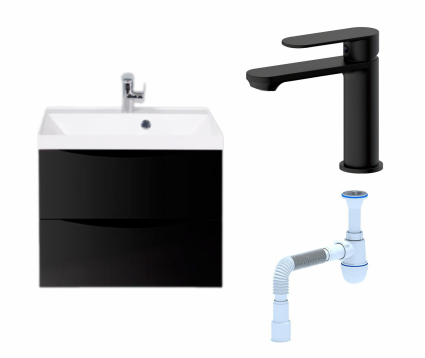 Комплект: Тумба с раковиной BelBagno Marino 60 nero lucido + Смеситель Haiba HB10590-7 черный + Сифон АниПласт