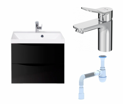 Комплект: Тумба с раковиной BelBagno Marino 60 nero lucido + Смеситель Am.Pm X-Joy F85A02100 хром + Сифон АниПласт