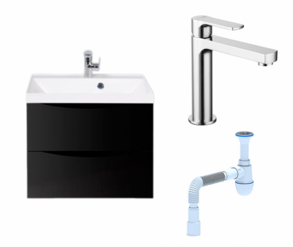 Комплект: Тумба с раковиной BelBagno Marino 60 nero lucido + Смеситель Lemark plus Grace LM1537C хром + Сифон АниПласт