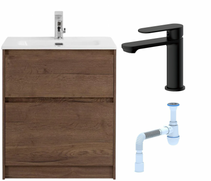 Комплект: Тумба с раковиной BelBagno Kraft напольная + Смеситель для раковины Haiba HB10590-7, черный + Сифон АниПласт